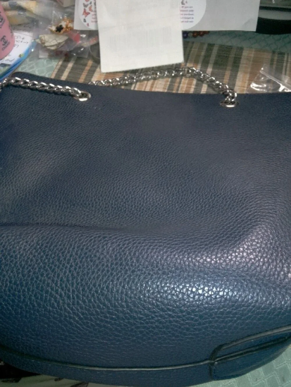 Studded Navy Leather Shoulder Bag with Silver Chain - Picture 3 of 4